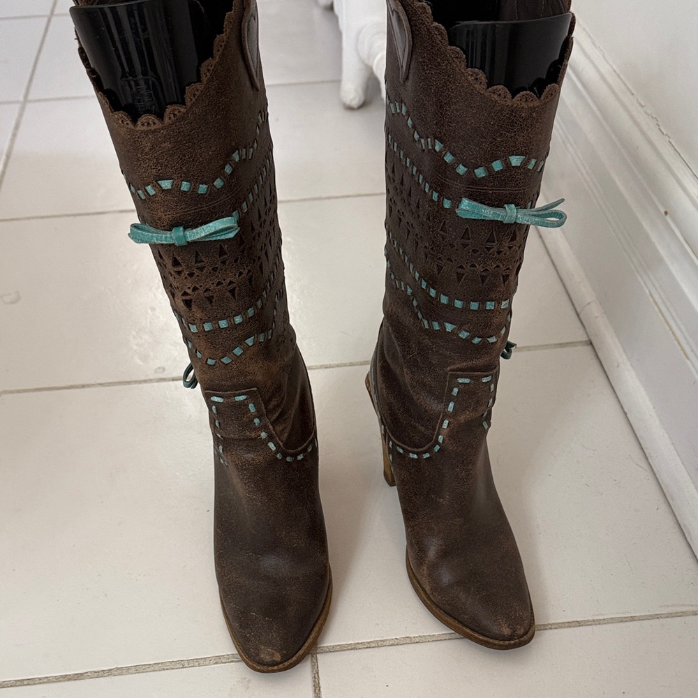 BCBGMaxAzria Brown Boots with Teal Details